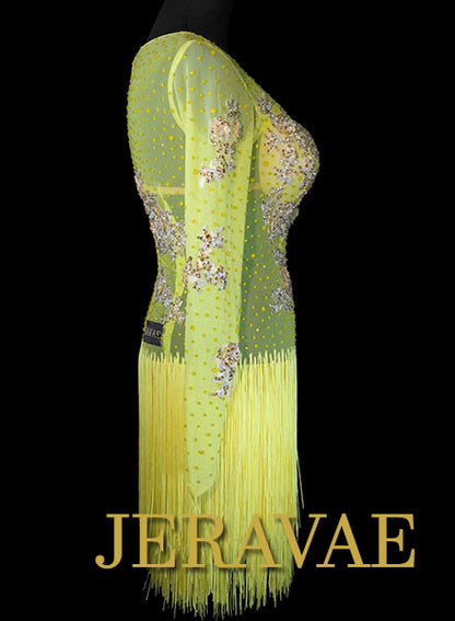 Yellow Mesh Rhythm Dress with Yellow Fringe and Lace with Swarovski stones Size Small LAT079