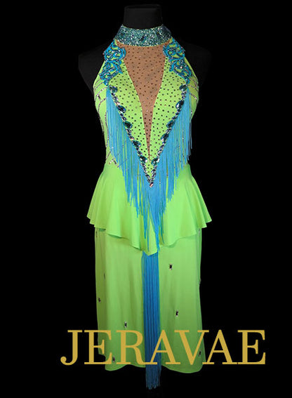 Lime Green and Blue Rhythm Dress with Fringe and Lace accents with Swarovski Stones Size Small LAT080