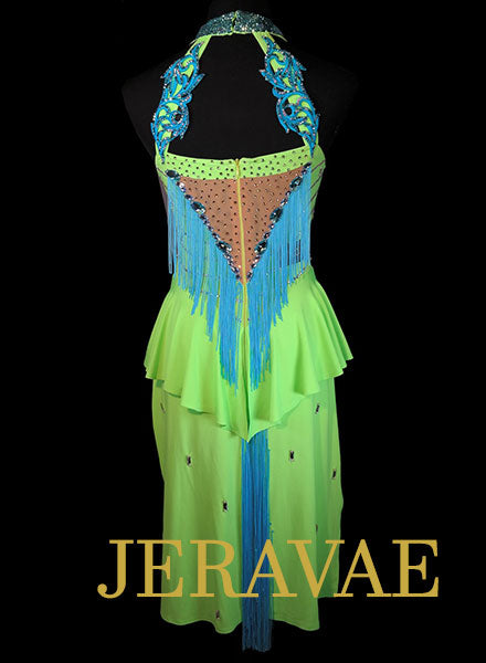 Lime Green and Blue Rhythm Dress with Fringe and Lace accents with Swarovski Stones Size Small LAT080