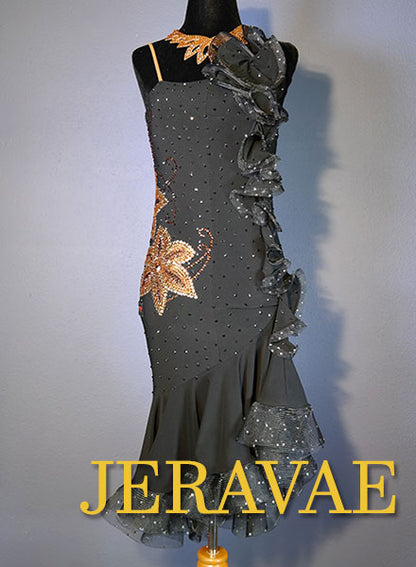 Resale Fiore Black Latin/Rhythm Dress with Brown Flower Stone Pattern SZ M/L Lat083