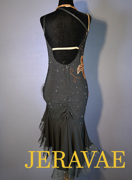 Resale Fiore Black Latin/Rhythm Dress with Brown Flower Stone Pattern SZ M/L Lat083
