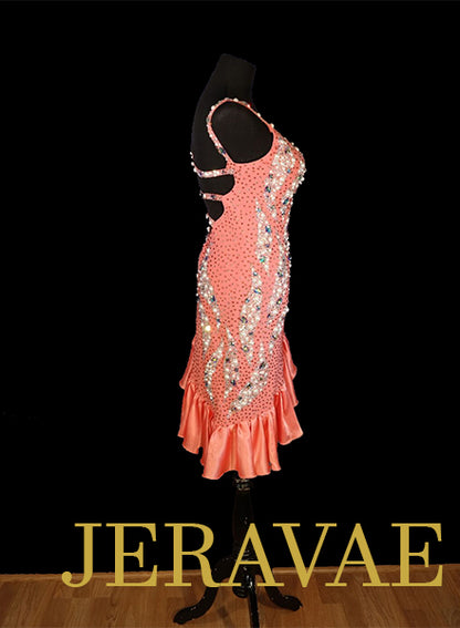 Consignment Fiore Creamy Coral Latin Dress with Satin Skirt Swarovski Stones and Pearls Sz S/M Lat087