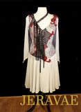 White Black and Red Fringe Latin Dress with Long Sleeves and Fishnet Sz L Lat208