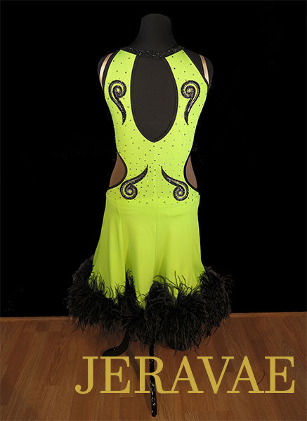 Neon Lime Green Latin/Rhythm Dress with Black Ostrich Boa hem sz M//L Lat090
