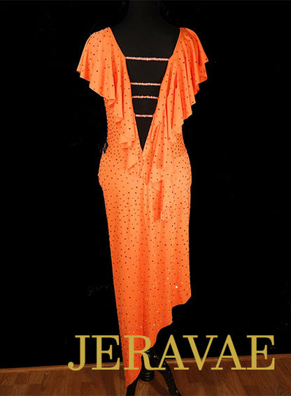 Orange Latin/Rhythm Dress with Long Skirt and Stoned Bra All Swarovski Sz M/L Lat091