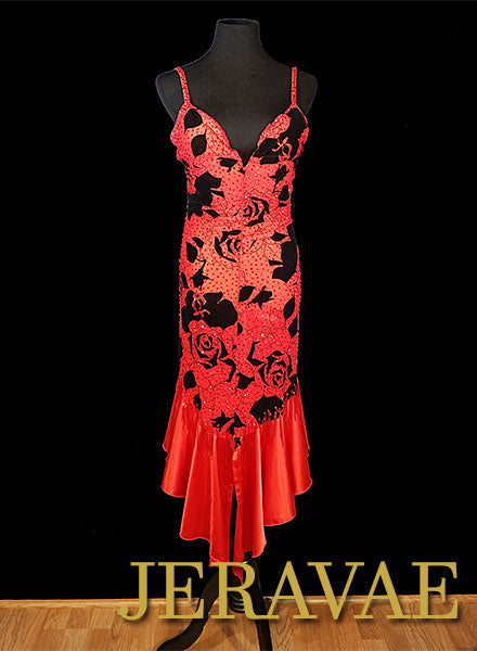 Resale Fiore Designs Red and Black Rose Burnout Velvet tango Latin/Rhythm Dress Sz M/L Lat092