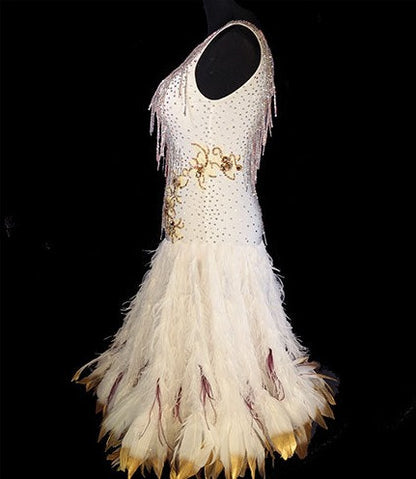 White Red and Gold Latin/Rhythm Dress with Feather Skirt Sz S/M Lat094