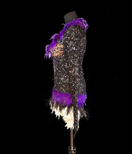 Black Lace and Purple Feather Latin Dress Resale Fiore Designs Size S Lat096