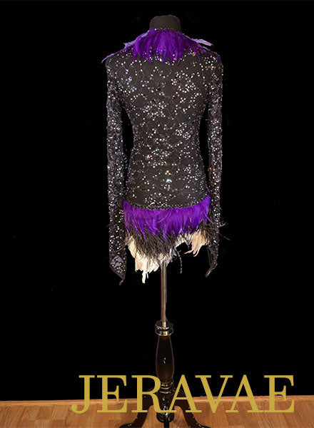 Black lace latin costume dress with purple black and white feather details