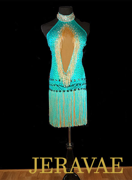 Mint Green Fiore Resale Fringe Halter Latin Dress with Beading and Swarovski Stones size M Lat097