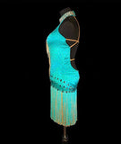 Mint Green Fiore Resale Fringe Halter Latin Dress with Beading and Swarovski Stones size M Lat097