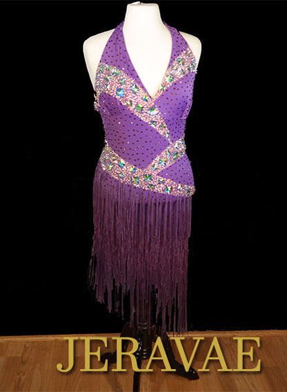 Resale Fiore Purple Latin Dringe Dress with Swarovski Stones Sz M/L LAT098