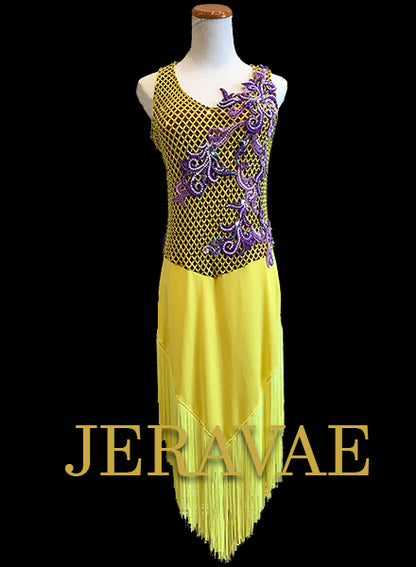 Yellow Latin/Rhythm Dress with Fringe Skirt and net bodice. Purple Lace and Swaovski Stones L/XL Lat100
