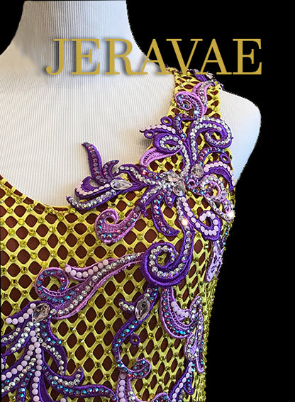 Yellow Latin/Rhythm Dress with Fringe Skirt and net bodice. Purple Lace and Swaovski Stones L/XL Lat100