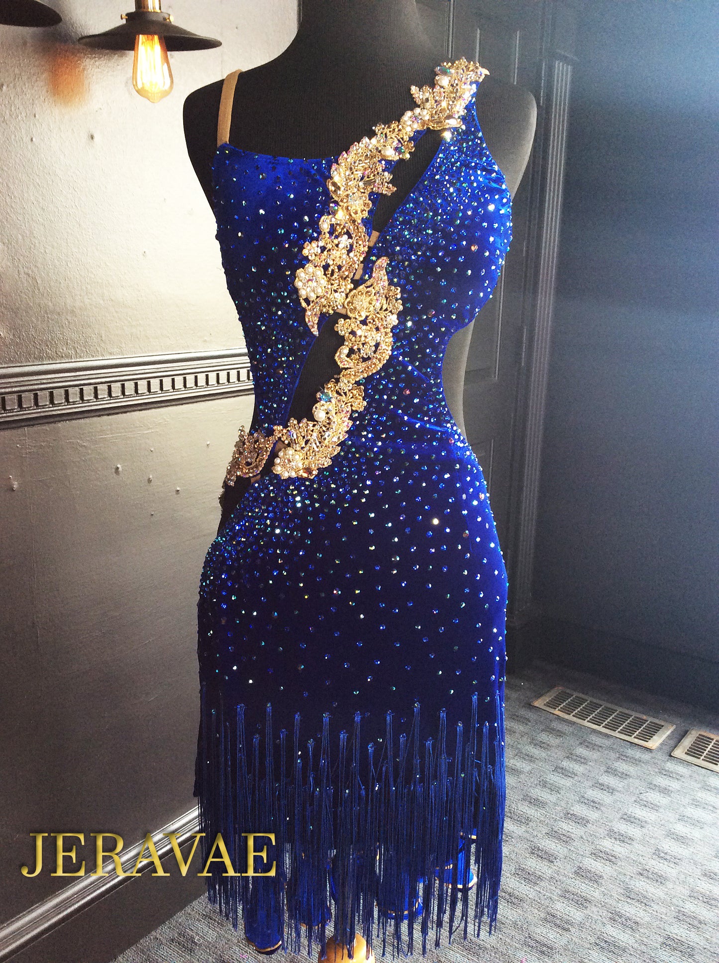 Navy Blue Latin Dress with Gold Leaf Pattern Applique and Trim.  Skirt Features Fringe and Ruffles SZ S/M Lat109