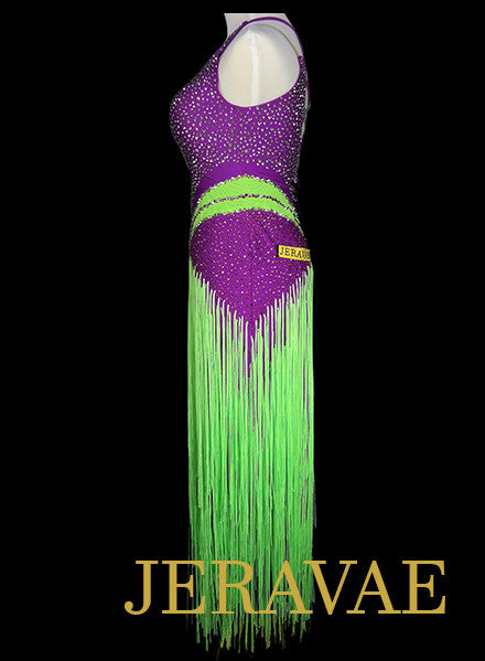 Neon Green and Fuchsia Purple Long Fringe Latin Dress Lat203 Medium