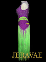 Neon Green and Fuchsia Purple Long Fringe Latin Dress Lat203 Medium