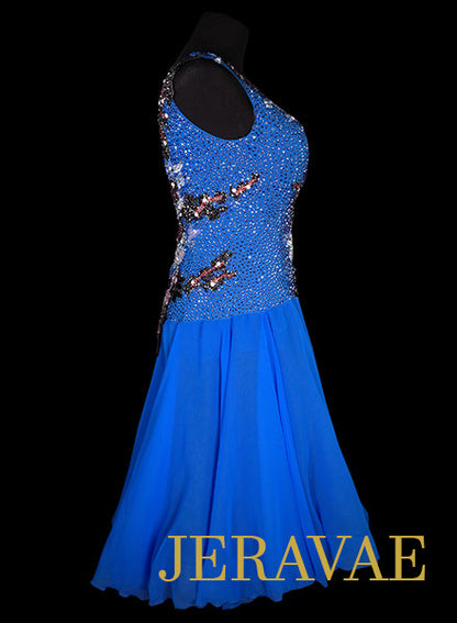 Blue Latin Rhythm Dress With White and Black Lace Accents Covered in Swarovski Crystals LAT204