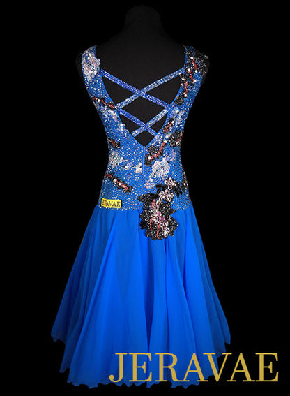 Blue Latin Rhythm Dress With White and Black Lace Accents Covered in Swarovski Crystals LAT204