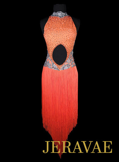 Sleeveless Orange Lace Latin Dress with Black Feather Hem, Deep