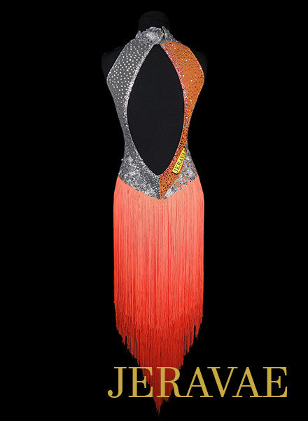 Bright Neon Orange and Gray Latin Dress with Orange Fringe and Long Skirt XS Lat102