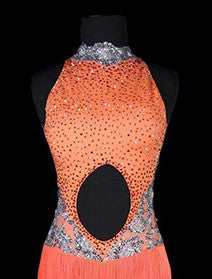 Bright Neon Orange and Gray Latin Dress with Orange Fringe and Long Skirt XS Lat102