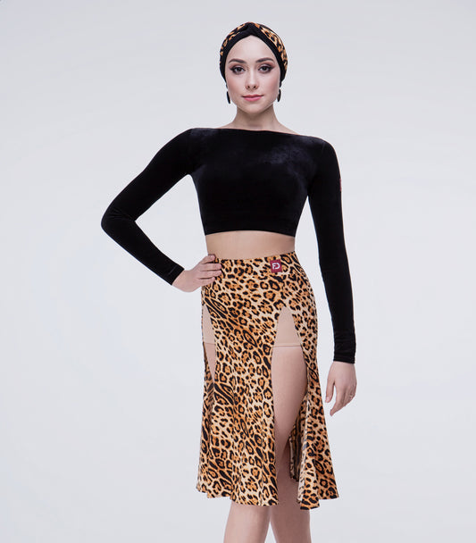 Black or Leopard Print Latin Practice Skirt with High Waist and Double Slit Skirt Sizes 38-52 Pra 495