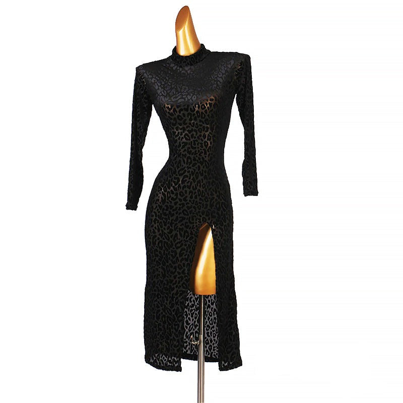 Transparent Black Mesh Latin Practice Dress with Leopard Print Velvet Burnout PRA 705_sale
