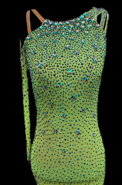 Resale Artistry in Motion Lime Green Latin Dress with Single Sleeve, Fringe, and Swarovski Stones Sz S Lat134