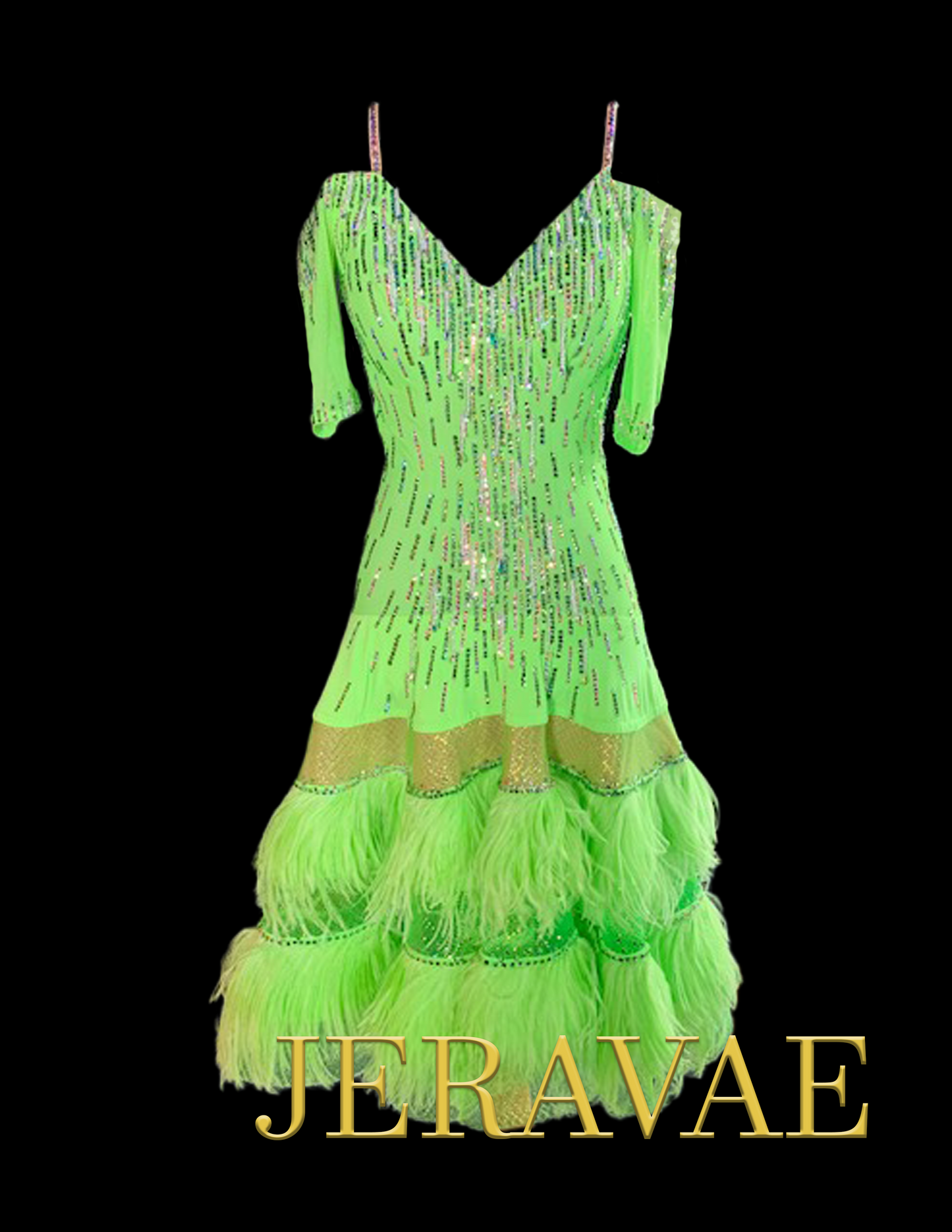 Green Apple Blossom Latin Dress with Circle Skirt, Feathers, Swarovski Crystals, and Open Back by Artistry in Motion Sz XS Lat165