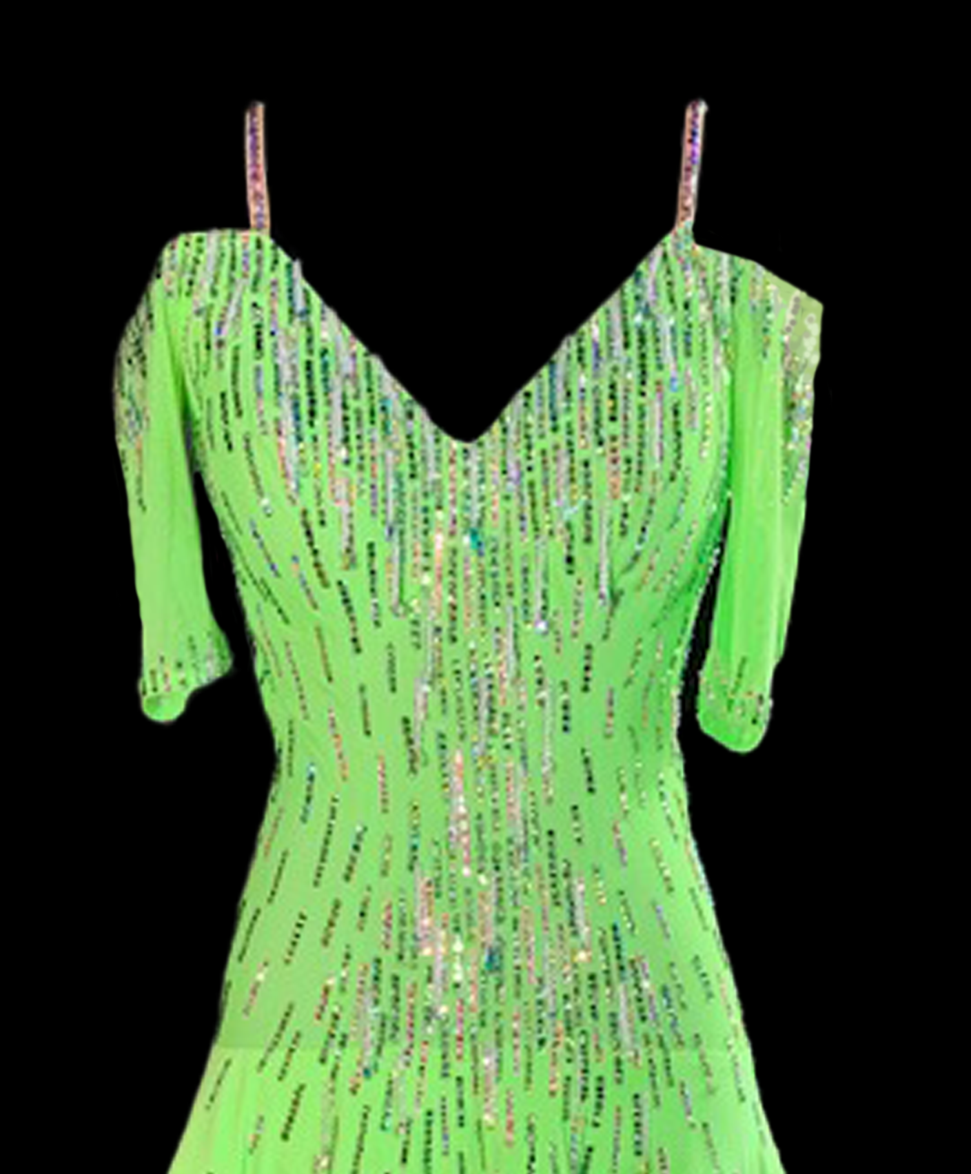 Green Apple Blossom Latin Dress with Circle Skirt, Feathers, Swarovski Crystals, and Open Back by Artistry in Motion Sz XS Lat165