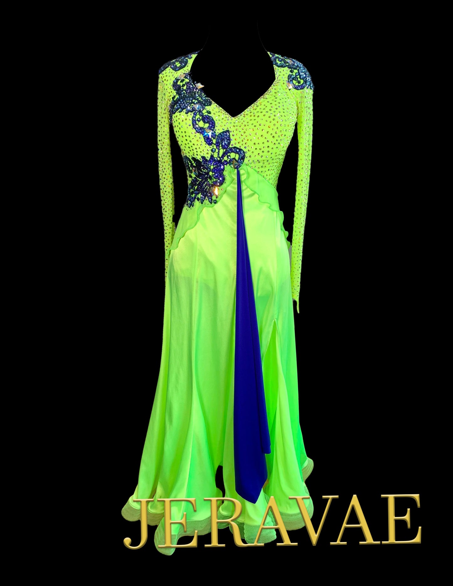 Lime Green Long Sleeve Smooth Ballroom Dress with Blue Lace Applique, Swarovski Stones, Blue Sash, and Exposed Horsehair Hem Sz XS Smo202