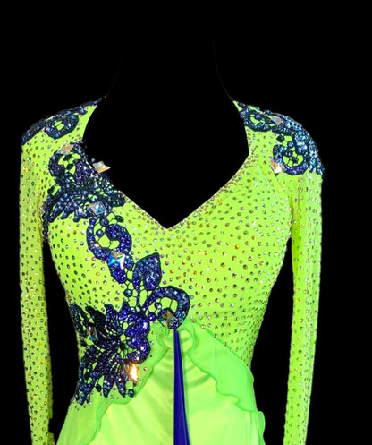 Lime Green Long Sleeve Smooth Ballroom Dress with Blue Lace Applique, Swarovski Stones, Blue Sash, and Exposed Horsehair Hem Sz XS Smo202