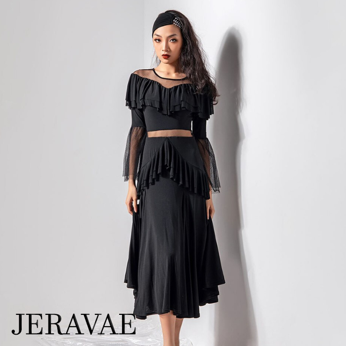 Black Ballroom Practice Dress with Ruffle Details and Dotted Mesh Illusion Neckline, Waist Insert, and Bell Sleeves PRA 840 In Stock