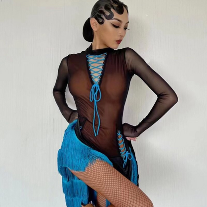 Black Latin Practice Dress with Blue Lace Accents, Blue Fringe Underskirt, Long Sleeves, and Nude Lycra Bodice with Black Mesh Overlay PRA 780 in Stock