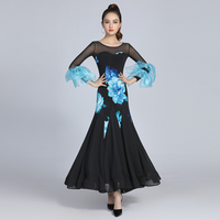 Black Ballroom Practice Dress with Blue Floral Print, 3/4 Length Sleeves with Double Ruffle Detail, Illusion Neckline, and Horsehair Hem Pra804 In Stock