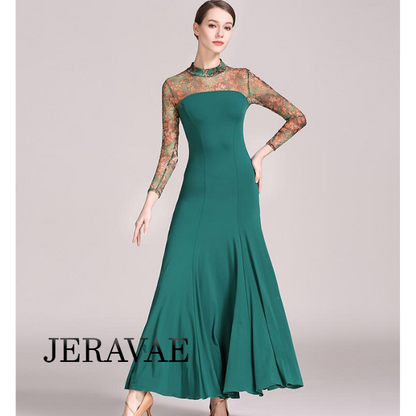 Long Ballroom Practice Dress with Floral Mesh Sleeves, High Collar, Zipper Closure, and Soft Hem in Green or Blue PRA 765 in Stock
