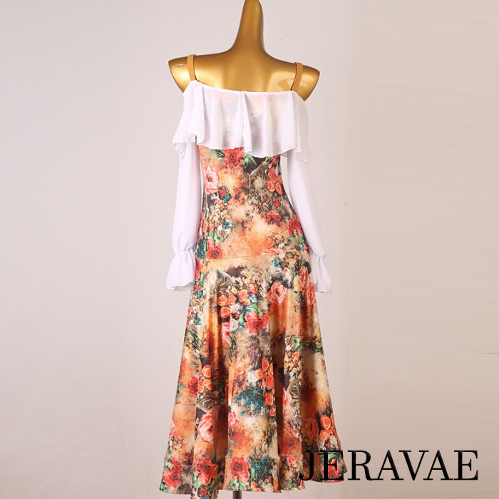 Warm Floral Rose Print Ballroom Practice Dress with Loose White Chiffon Collar and Long Sleeves PRA 839 in Stock