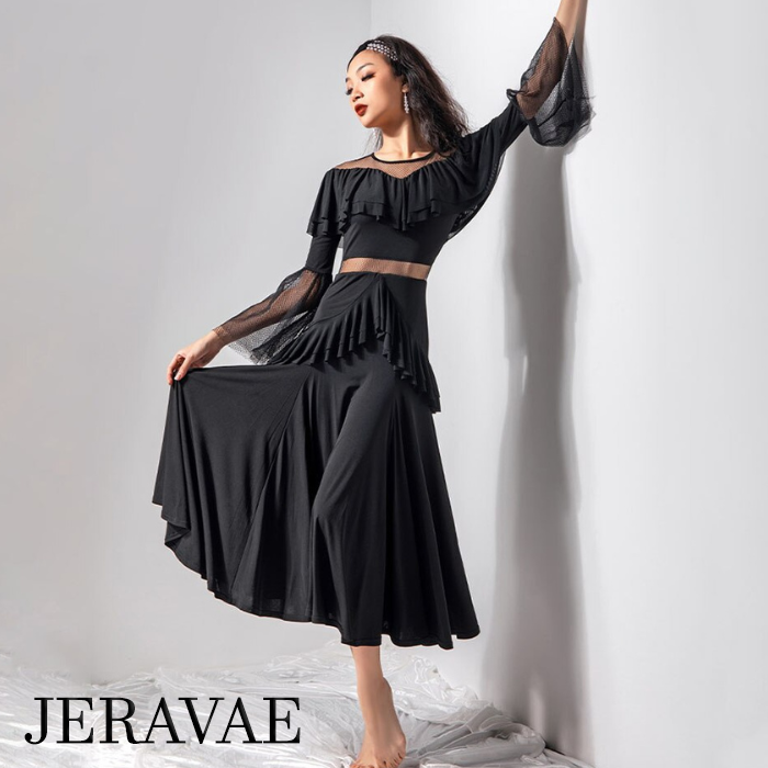 Black ballroom dress with ruffle details, mesh neckline and waist insert, and bell sleeves