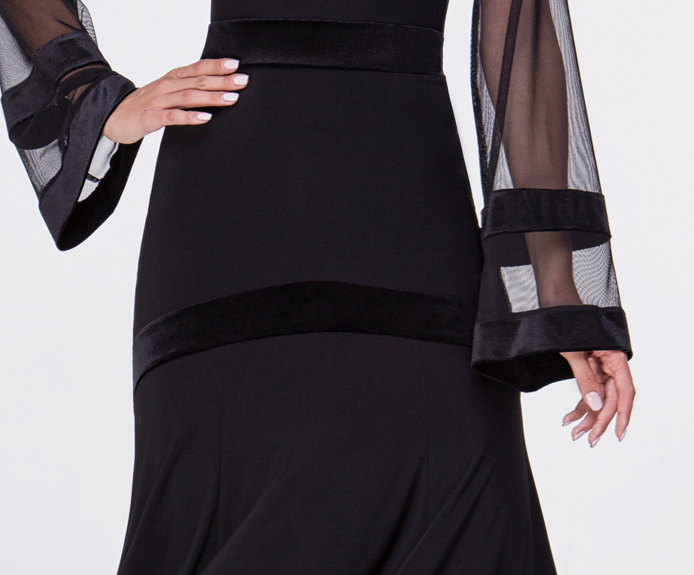 Long Black Ballroom Practice Skirt with Stretch Velvet Detail and Waistband PRA 549