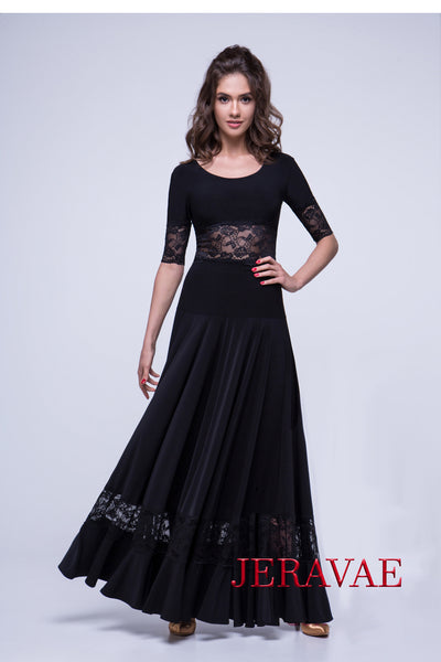 Long Black Ballroom Practice skirt with Lace Panel and Soft Hem Pra561