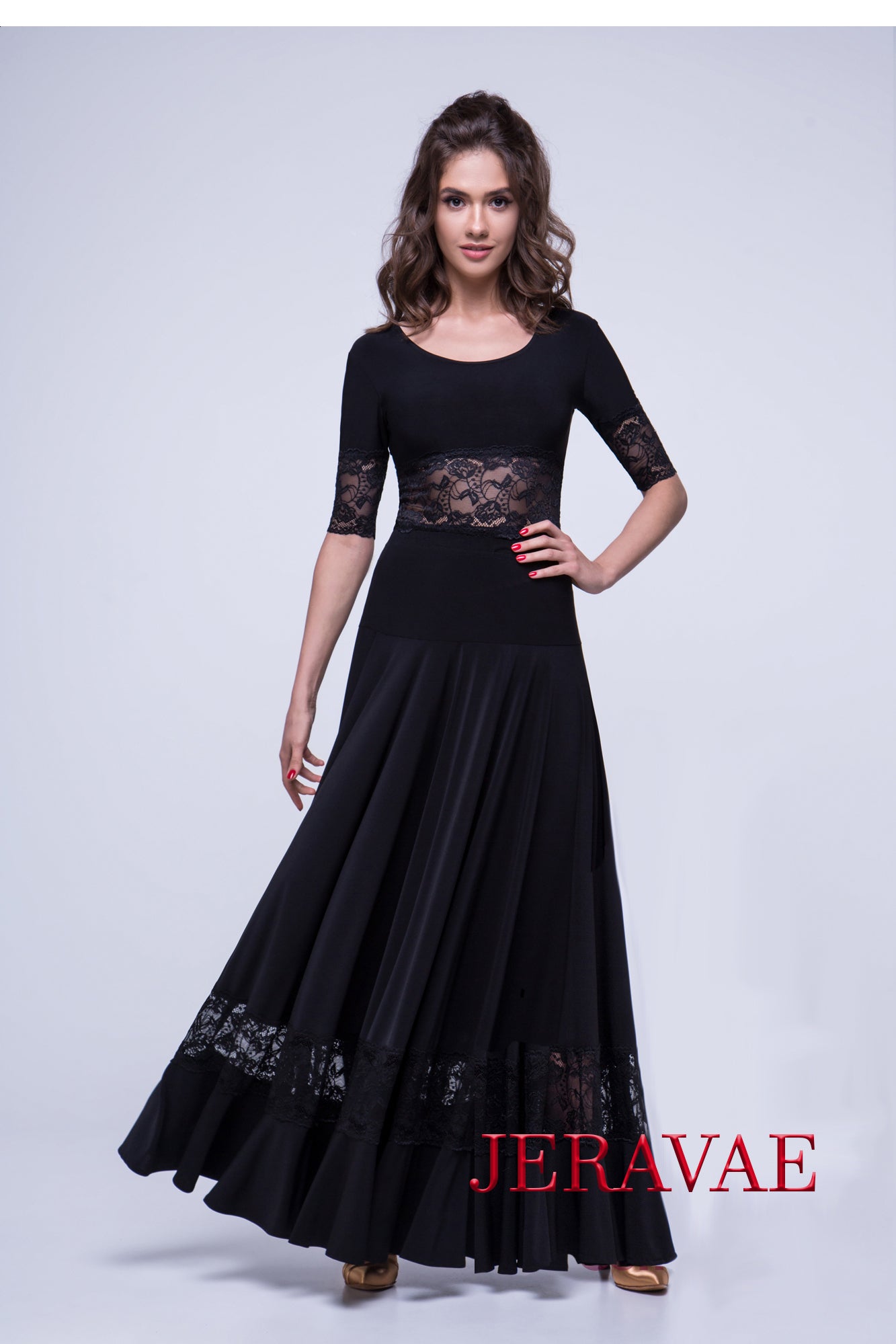 Half Length Lace Sleeve Ballroom or Latin Practice Top with Lined Lace Cutout and Round Neck PRA 562