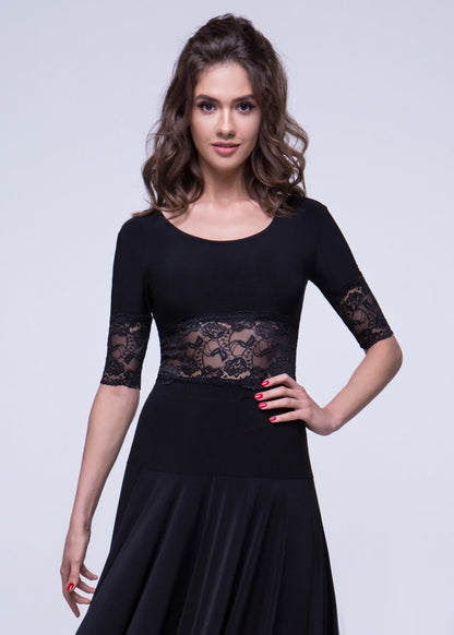 Half Length Lace Sleeve Ballroom or Latin Practice Top with Lined Lace Cutout and Round Neck PRA 562