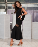 Senga Dancewear LOURE Sleeveless Long Black Ballroom Practice Dress with Sash Back and Mesh Inserts Pra983 in Stock