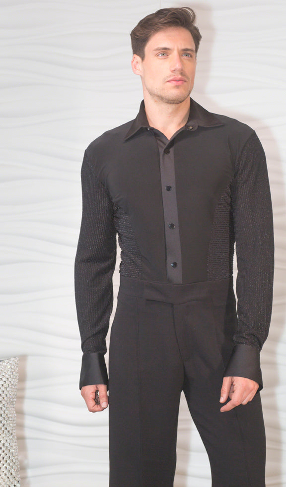 Men's Lurex Sleeve and Side Ballroom Shirt with Built-in Bodysuit/Trunks MS1