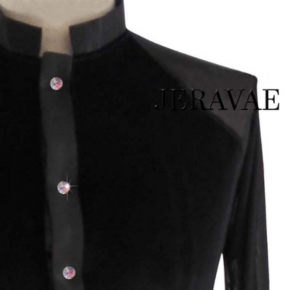 Men's Black Velvet Long Sleeve Latin Practice or Competition Shirt with Mandarin Collar and Button-up Front Sizes 2XS-3XL M052 in Stock