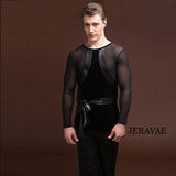 Men's Tuck Out Latin Competition Shirt with Vegan Leather Accents and Matching Belt. Fatures Mesh Long Sleeves and Velvet Insert M023