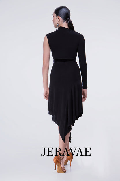 Black Latin Dress with One Cap Sleeve, One Long Sleeve, and Unique Cutouts at the Neck PRA 521