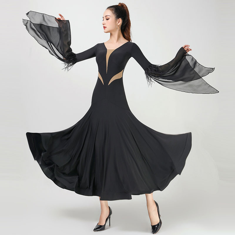 black ballroom dance dress with feathers on sleeves
