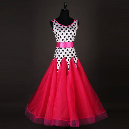 Pink, Black and White Polka Dot Ballroom or Smooth Dress with Pink Satin Belt, Available in Sizes S-XXL PRA 085